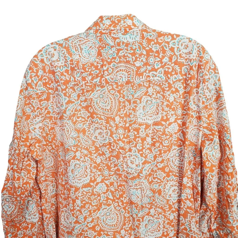 JNY Signature Sz XL Blouse Button Front Floral Roll Tab Cotton Side Vents Orange - Picture 5 of 14